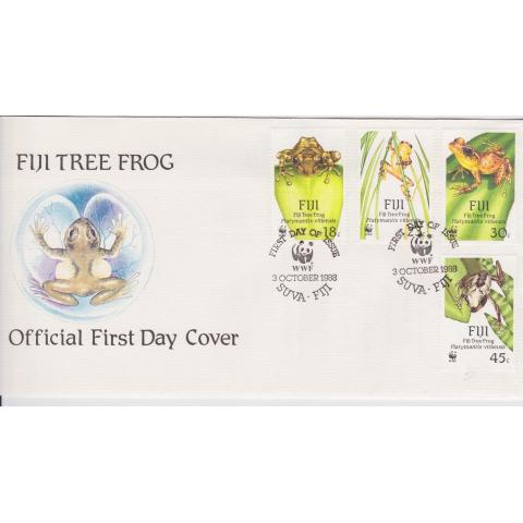 FDC, Fiji 3 okt 1988 4 märken 18 cent till45 cent, grodor.