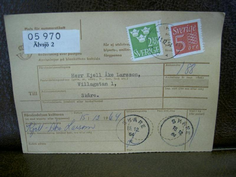 Paketavi med stämplade frimärken - 1964 - Älvsjö 2 till Skåre