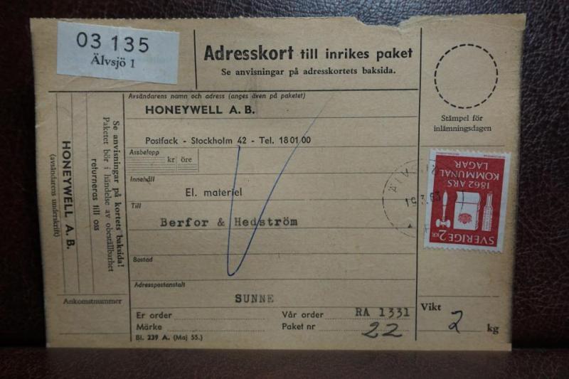 Frimärke  på adresskort - stämplat 1963 - Älvsjö 1 - Sunne