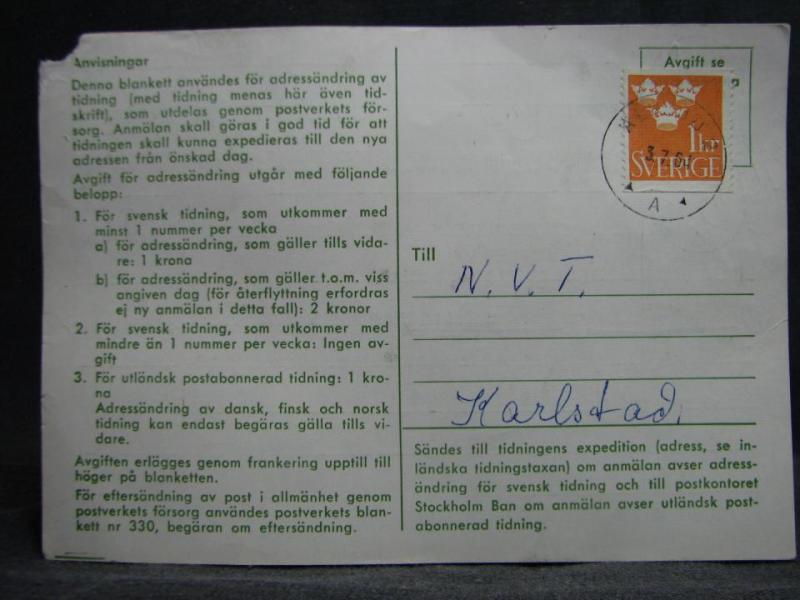 Adressändringskort med stämplade frimärken - 1964 - Älvsjö 