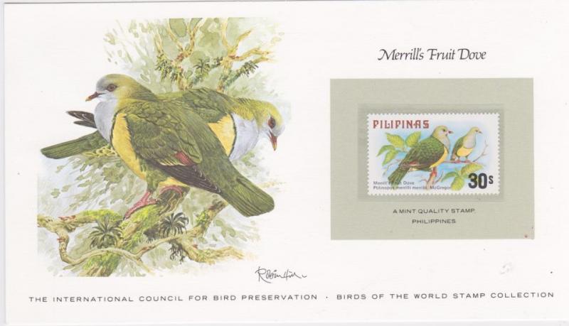 Fåglar i världen, Merrills Fruit Dove, Pilipinas 30 Dollar ** uppsatt på kort.