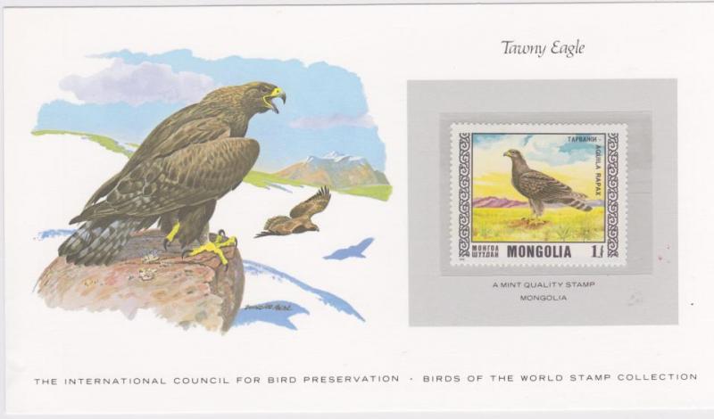 Fåglar i världen, Tawny Eagle, Mongolia 1 tughrik ** vackert illustrerad, signerad,  uppsatt på kort.