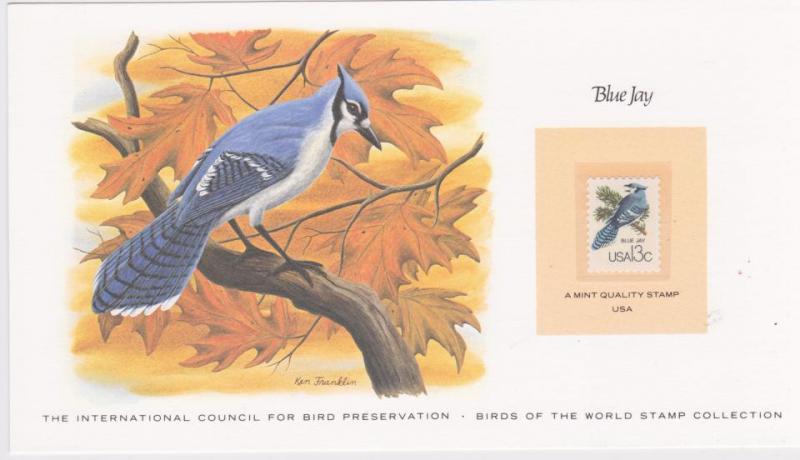 Fåglar i världen, Blie Jay, USA, 13 cent, ** vackert illustrerad, signerad, uppsatt på kort.