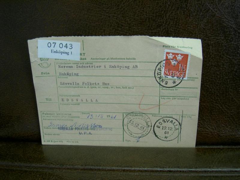 Paketavi med stämplade frimärken - 1961 - Enköping 1 till Edsvalla