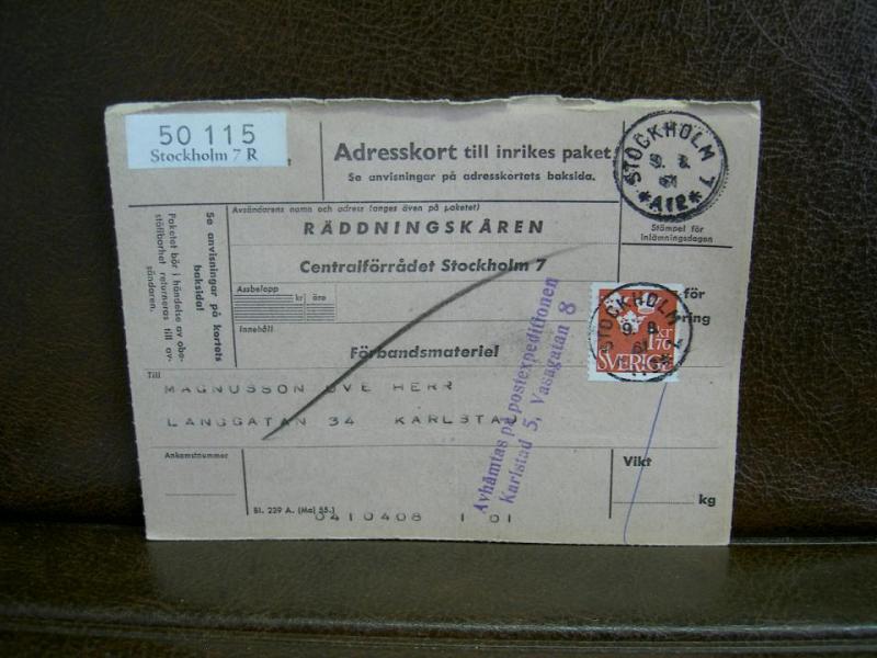 Paketavi med stämplade frimärken - 1961 - Stockholm 7 till Karlstad
