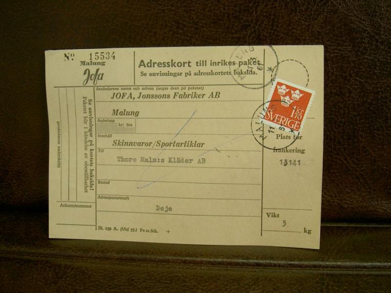 Paketavi med stämplade frimärken - 1961 - Malung till Deje