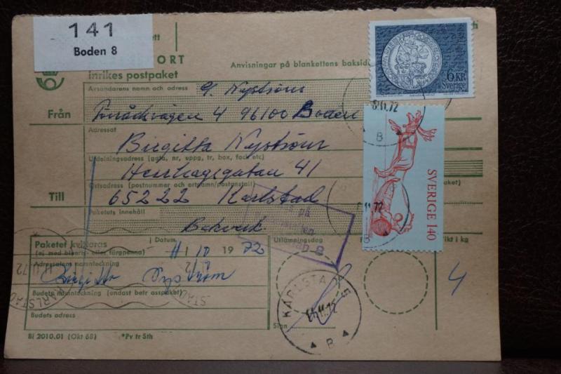 Poststämplat  adresskort med  frimärken - Boden 8 - Karlstad