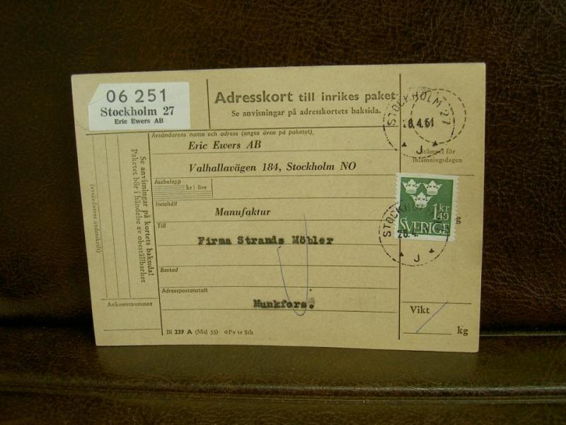 Paketavi med stämplade frimärken - 1961 - Stockholm 27 till Munkfors