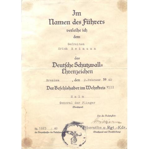 Urkund till tyska Västvallmedaljen 1939