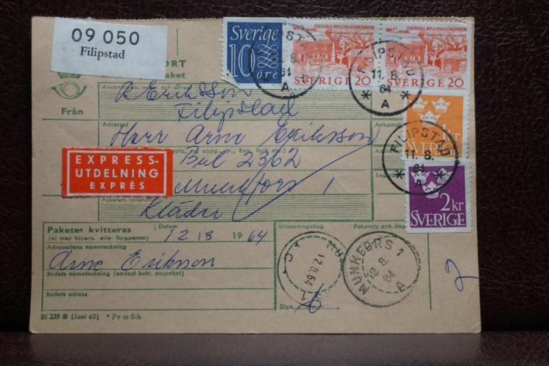 Poststämplat  adresskort med express och frimärken - Filipstad - Karlstad