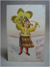 Antikt Brefkort Godt Nytt År Flicka med fyrklöver 1910