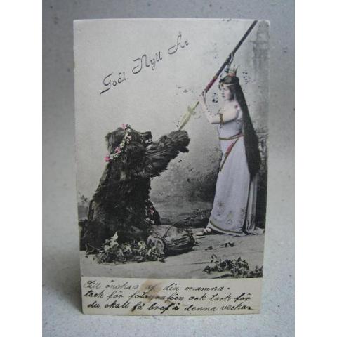 Antikt Brefkort Flicka möter björn 1908