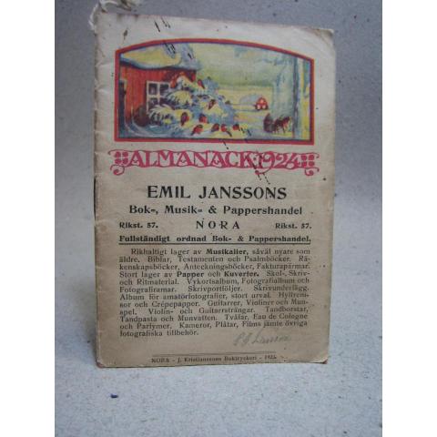 Almanacka 1924 Emil Janssons Bok Musik och Pappershandel Nora