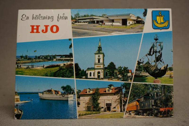 Tåg Båtar Badplats samt vyer från Hjo 1974 Västergötland skrivet äldre vykort