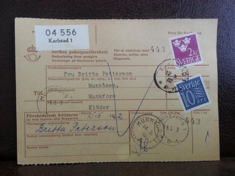 Frimärken på adresskort - stämplat 1962 - Karlstad 1 - Munkfors 