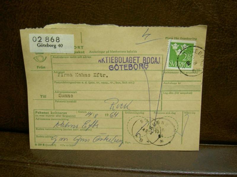 Paketavi med stämplade frimärken - 1964 - Göteborg 40 till Sunne