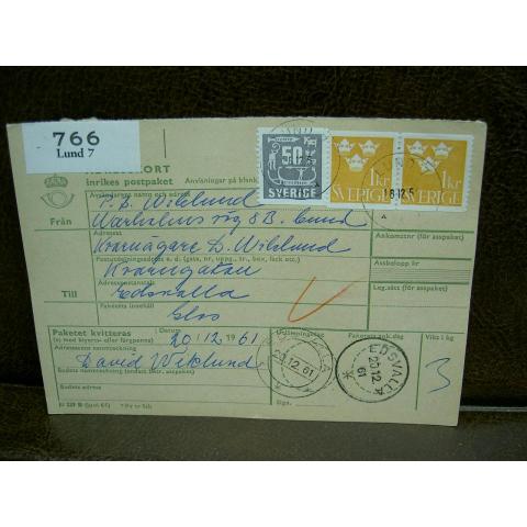 Paketavi med stämplade frimärken - 1961 - Lund 7 till Edsvalla