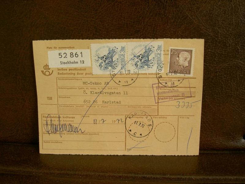 Paketavi med stämplade frimärken - 1972 - Stockholm 12 till Karlstad