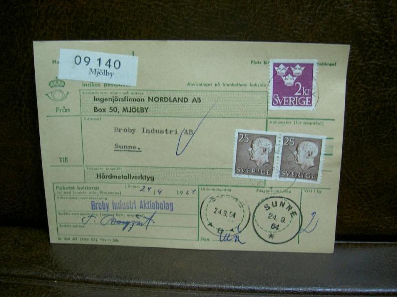 Paketavi med stämplade frimärken - 1964 - Mjölby till Sunne