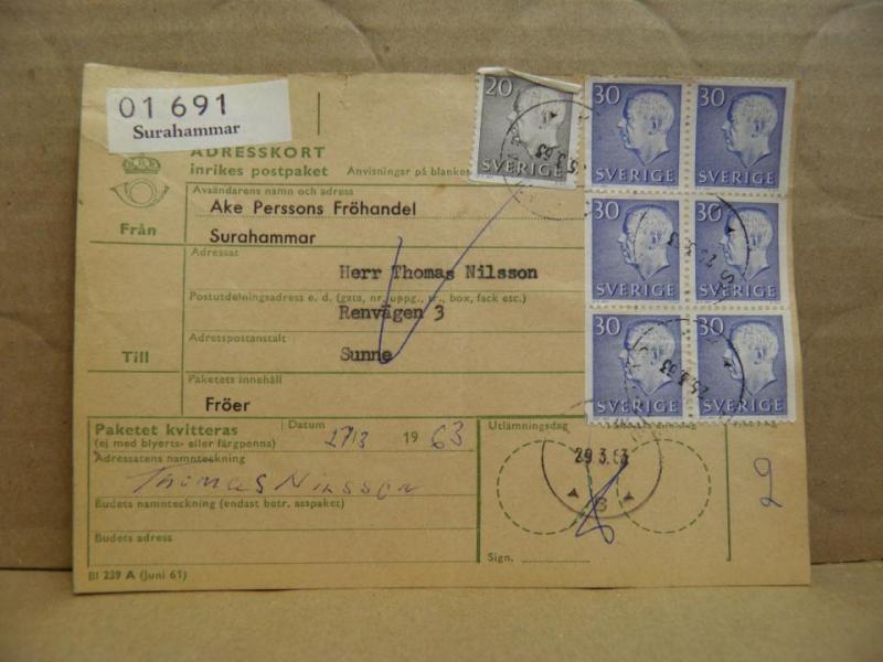 Frimärken på adresskort - stämplat 1963 - Surahammar - Sunne
