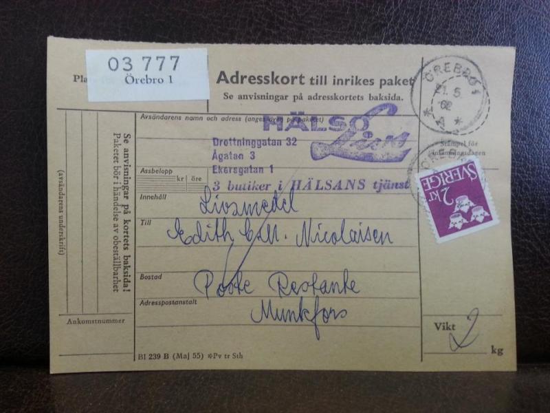 Frimärken på adresskort - stämplat 1962 - Örebro 1 - Munkfors