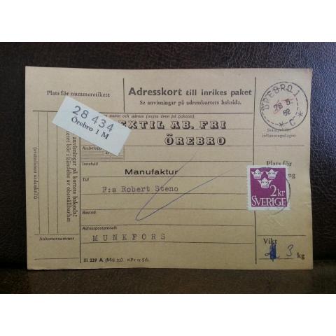 Frimärken på adresskort - stämplat 1962 - Örebro 1 M - Munkfors