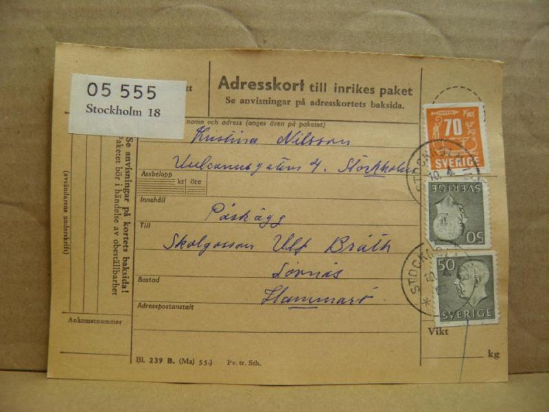 Frimärken på adresskort - stämplat 1963 - Stockholm 18 - Hammarö