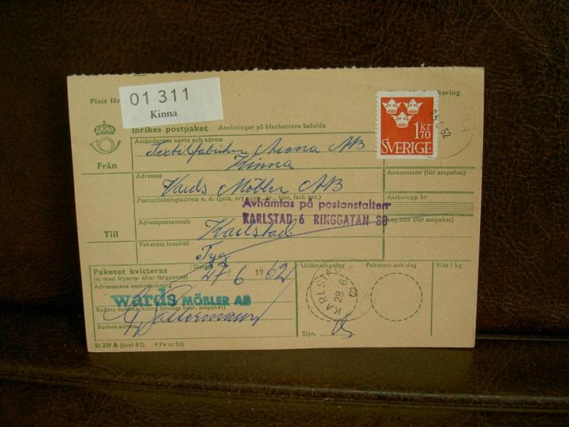 Paketavi med stämplade frimärken - 1962 - Kinna till Karlstad