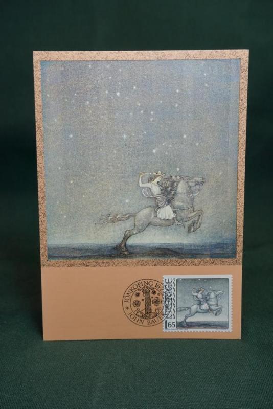 Oskrivet Vykort med fin stämpel över John Bauer - 1.65 frimärke  på framsidan Maximikort nr: 2