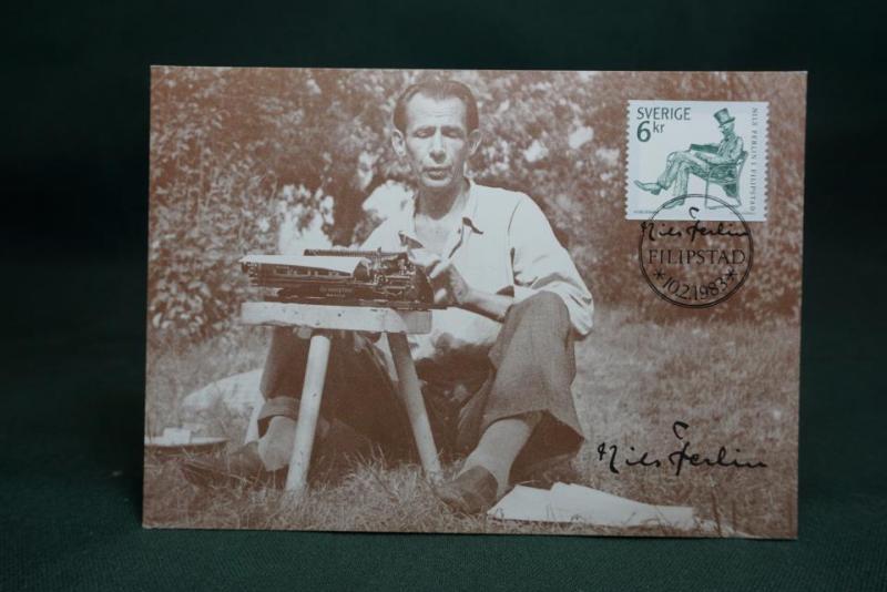 Oskrivet Vykort med fin stämpel på 6 kr frimärke - Nils Ferlin - på framsidan - Maximikort nr. 6