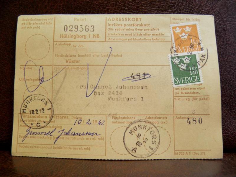 Frimärken på adresskort - stämplat 1962 - Hälsingborg 1 NB - Munkfors 1