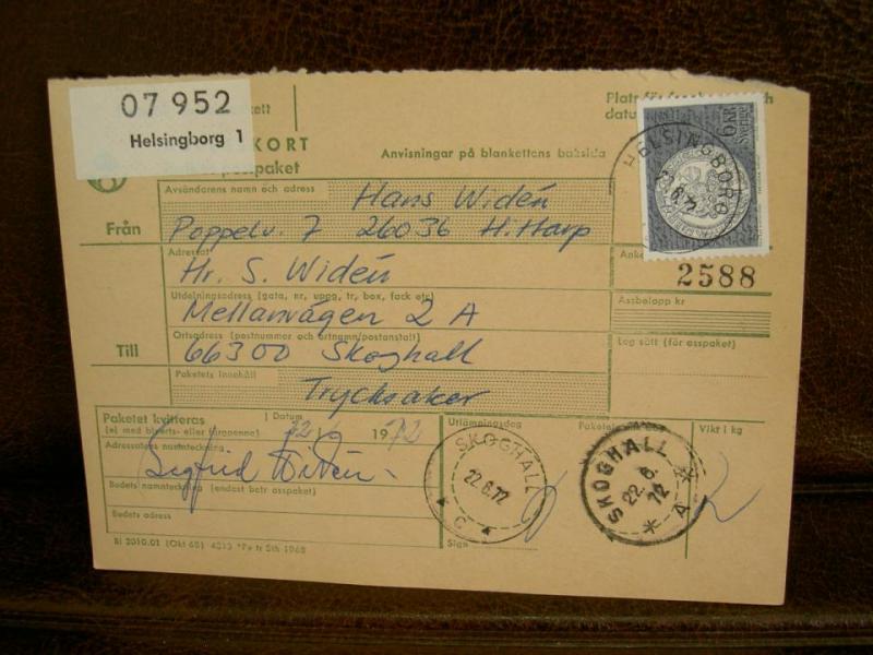 Paketavi med stämplade frimärken - 1972 - Helsingborg 1 till Skoghall