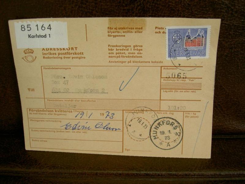 Paketavi med stämplade frimärken - 1973 - Karlstad 1 till Munkfors