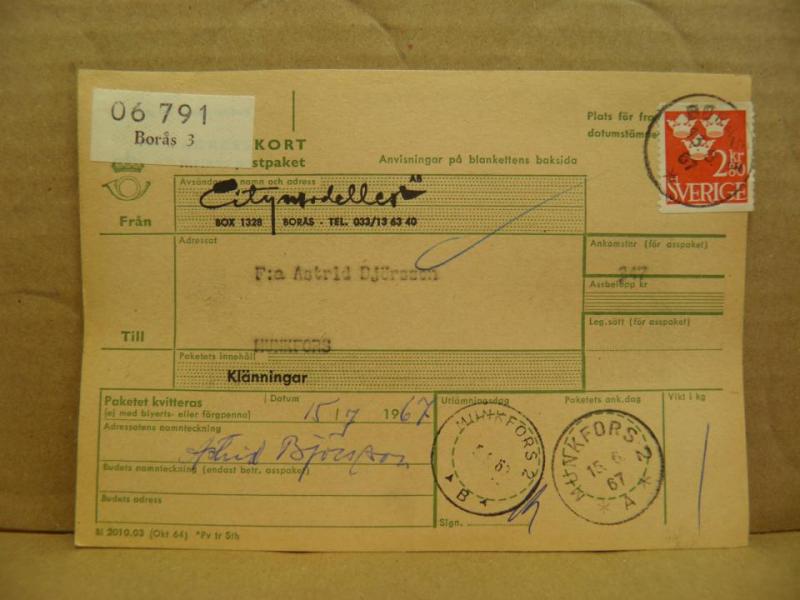 Frimärken på adresskort - stämplat 1967 - Borås 3 - Munkfors 2