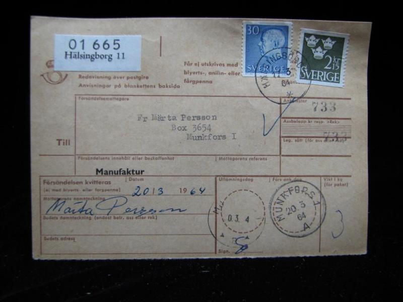 Adresskort med stämplade frimärken - 1964 - Hälsingborg till Munkfors