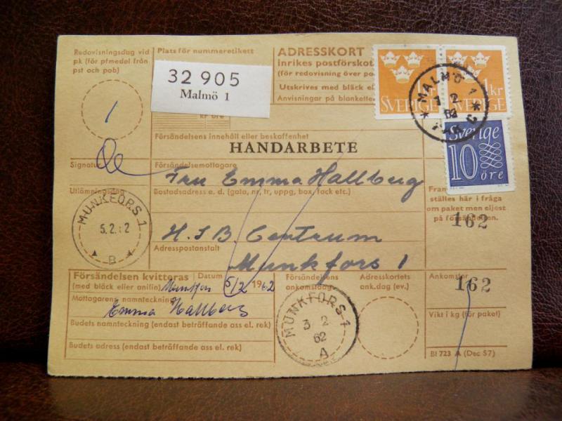 Frimärken på adresskort - stämplat 1962 - Malmö 1 - Munkfors 1