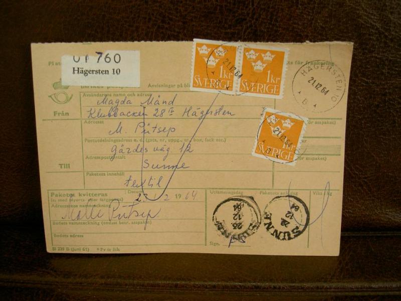 Paketavi med stämplade frimärken - 1964 - Hägersten 10 till Sunne