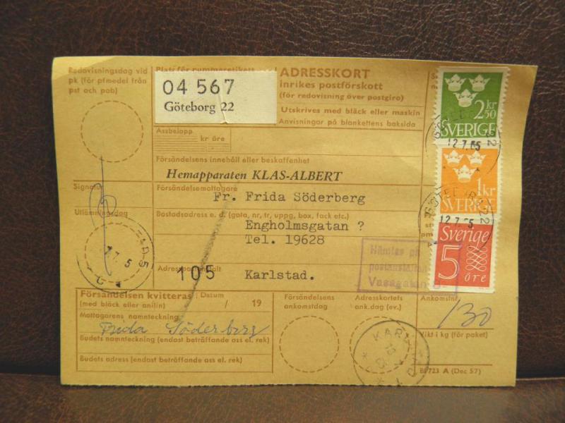 Frimärke på adresskort - stämplat 1965 - Göteborg 22 - Karlstad 