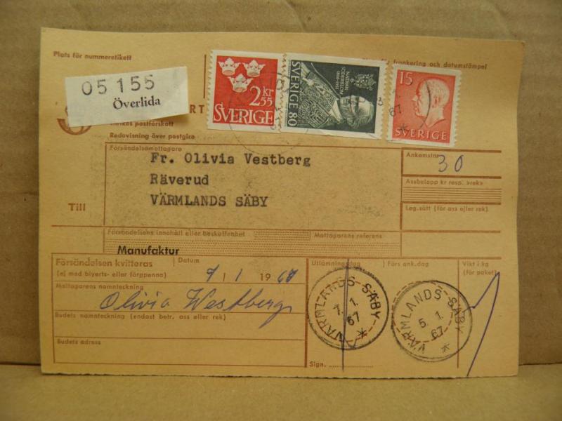 Frimärken på adresskort - stämplat 1967 - Överlida - Värmlands Säby