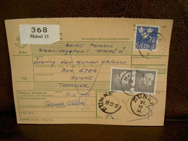 Paketavi med stämplade frimärken - 1964 - Malmö 15 till Sunne