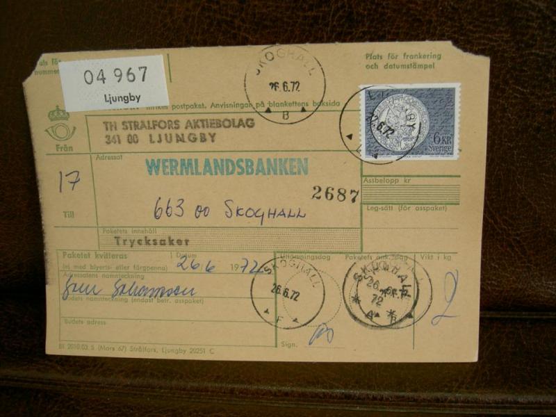 Paketavi med stämplade frimärken - 1972 - Ljungby till Skoghall