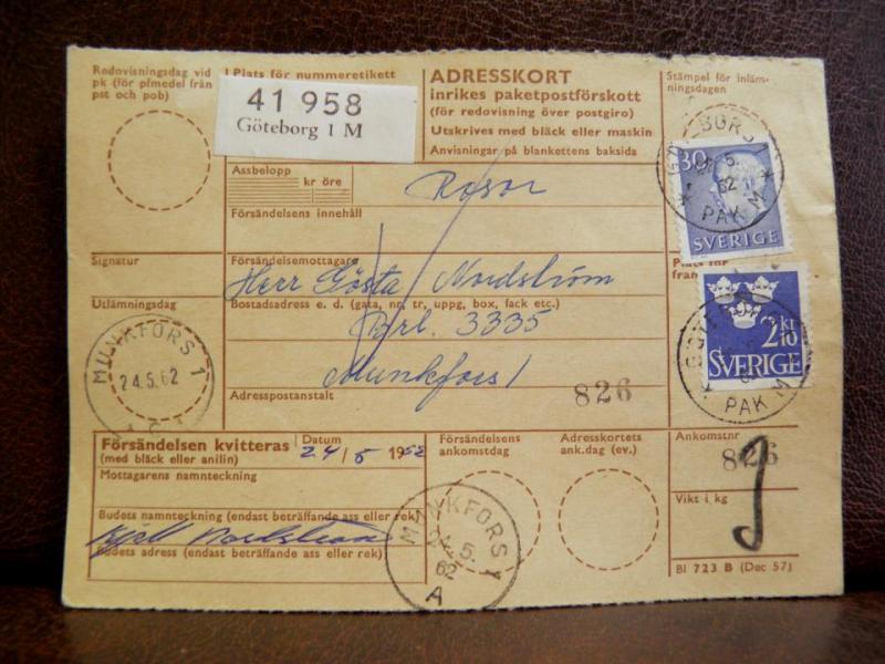 Frimärken på adresskort - stämplat 1962 - Göteborg 1 M - Munkfors 1