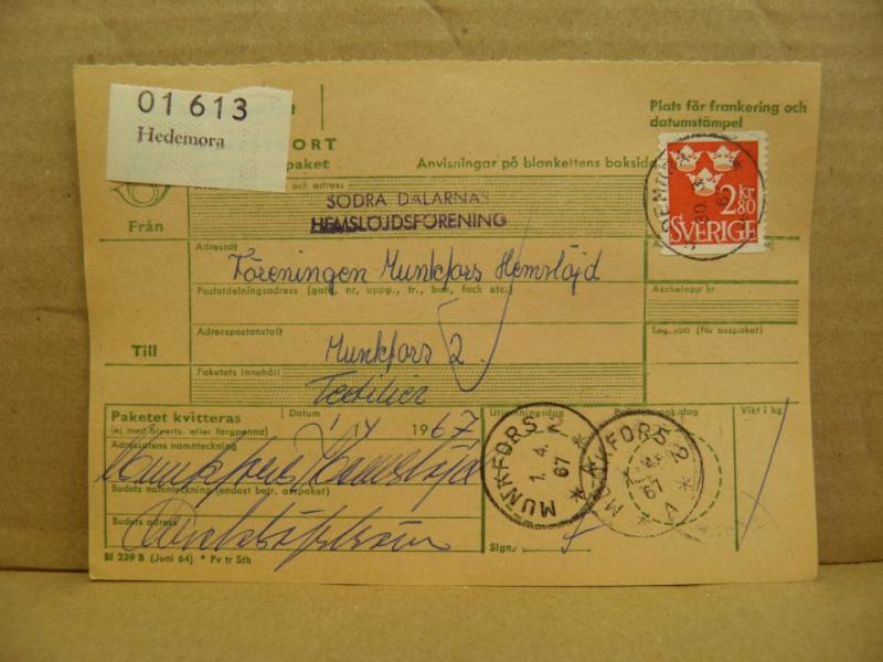 Frimärken på adresskort - stämplat 1967 - Hedemora - Munkfors 2