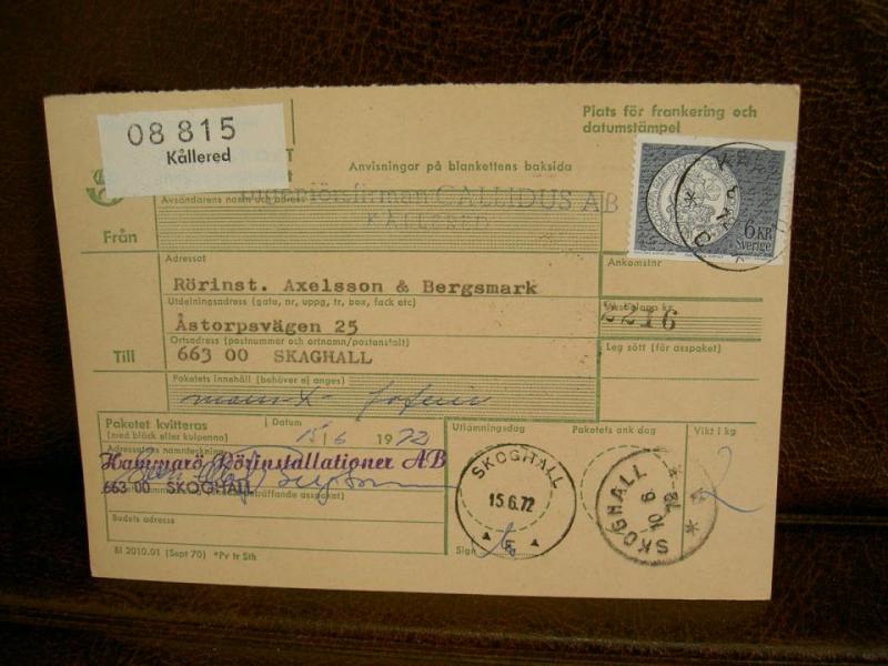 Paketavi med stämplade frimärken - 1972 - Kållared till Skoghall