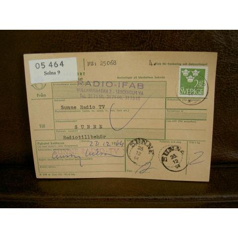 Paketavi med stämplade frimärken - 1964 - Solna 9 till Sunne