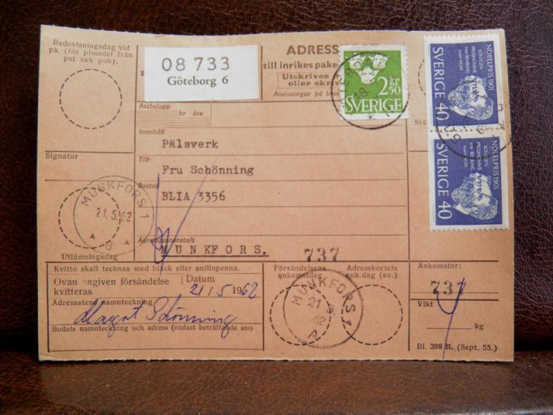 Frimärken på adresskort - stämplat 1962 - Göteborg 6 - Munkfors 