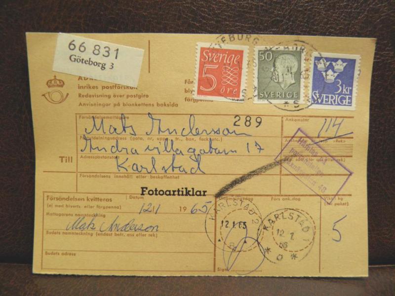 Frimärke på adresskort - stämplat 1965 - Göteborg 3 - Karlstad