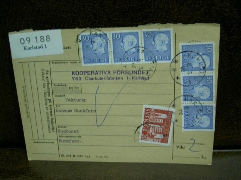 Paketavi med 7 st stämplade frimärken - 1962 - Karlstad 1 till Munkfors