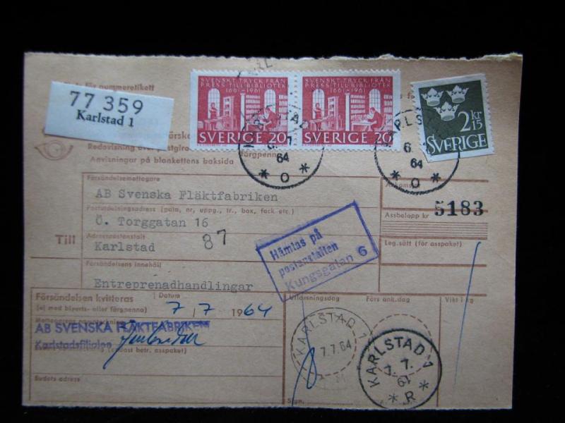 Adresskort med stämplade frimärken - 1964 - Karlstad till Karlstad