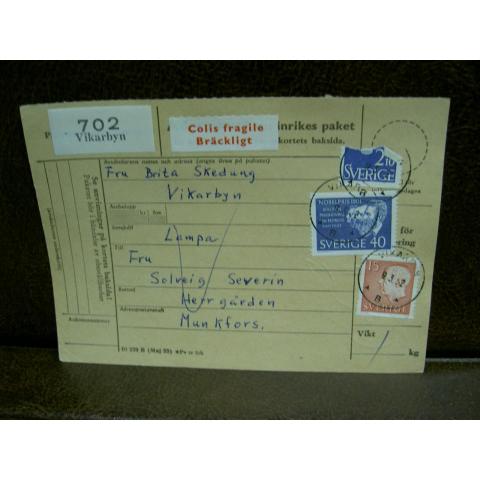 Bräckligt + Paketavi med stämplade frimärken - 1962 - Vikarbyn till Munkfors